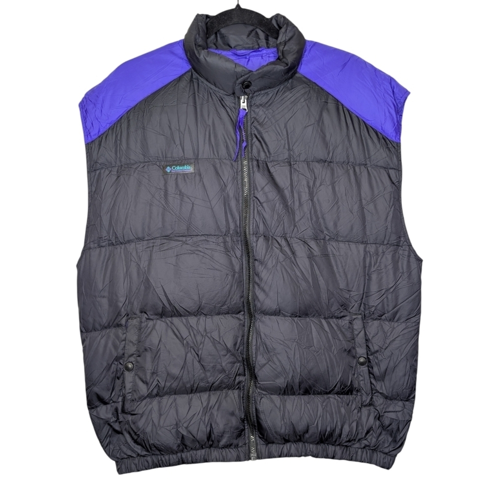 Vintage 90s Columbia Sportswear Down Puffer Vest Black Purple Men’s L Zip Front
